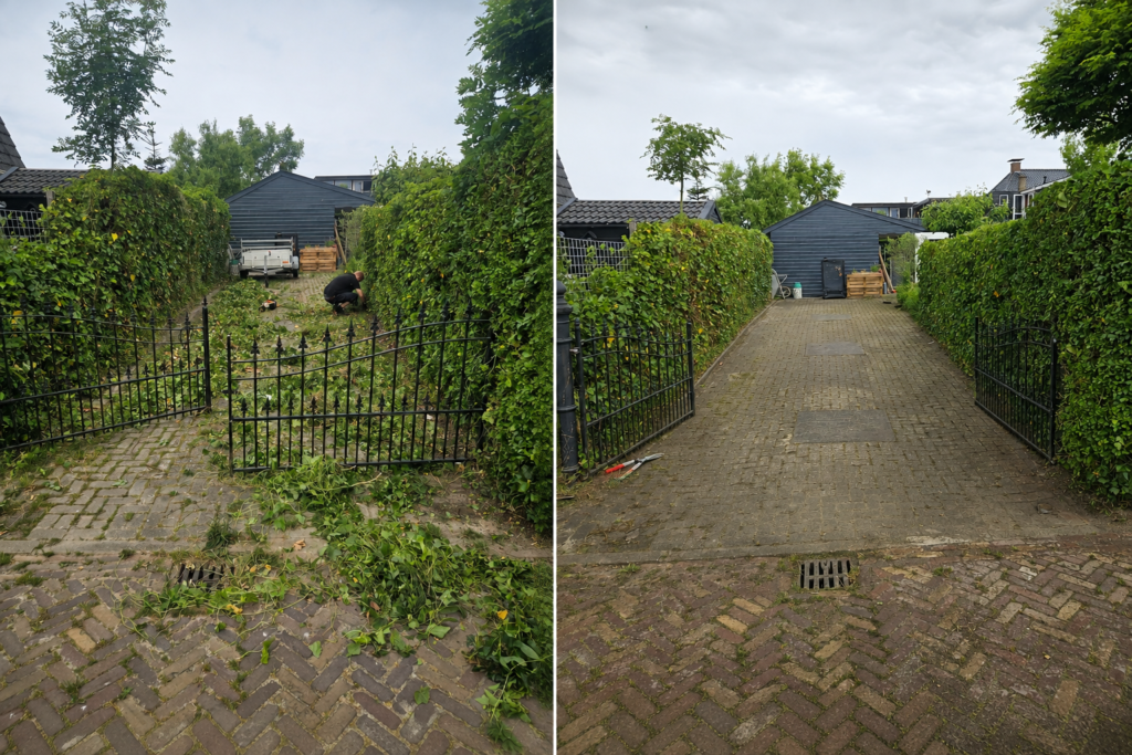 Oprit voor en na onkruid verwijderen door Tuinonderhoud Grou