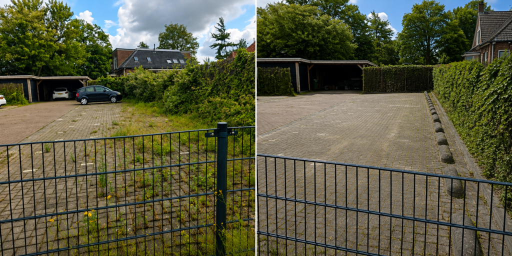 Parkeerterrein voor en na onkruid verwijderen door Tuinonderhoud Grou