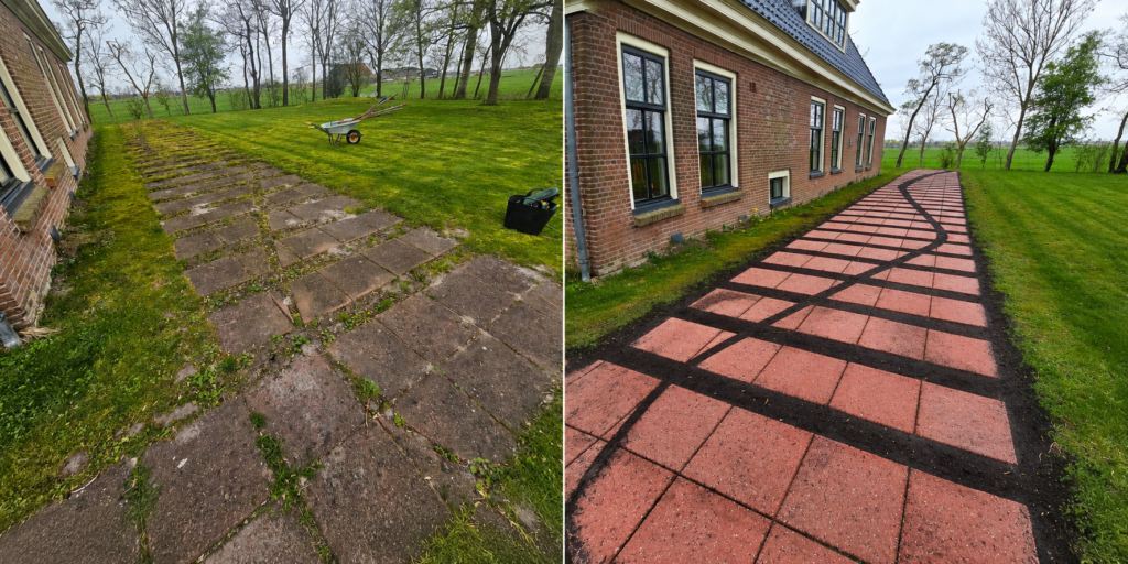 Tegelpad voor en na schoonmaak en heraanleg
